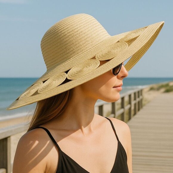 Oversized Wide Brim Sun Hat Straw Circle Resort Fashion Cruise Chic Kate Landry - Picture 1 of 15
